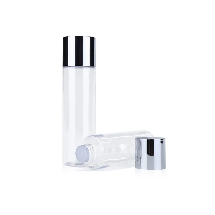 150ml/180ml Clear PET Cylindrical Cosmetic Toner Bottle With Electroplated Silver Cap high quality