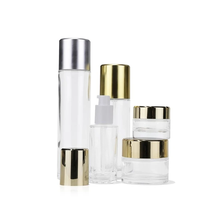 Clear Glass Cosmetic Bottles & Jars Set With Gold/Silver Caps For Skincare