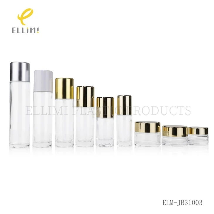 Clear Glass Cosmetic Bottles & Jars Set With Gold/Silver Caps For Skincare suppliers