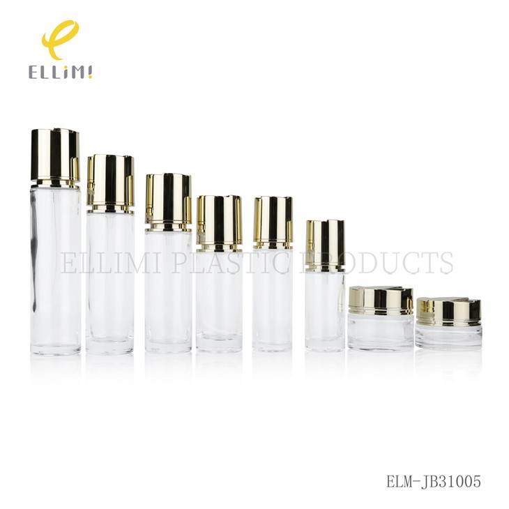 Clear Glass Skincare Set With Cross-hatched Gold Caps & Pump Dispenser suppliers