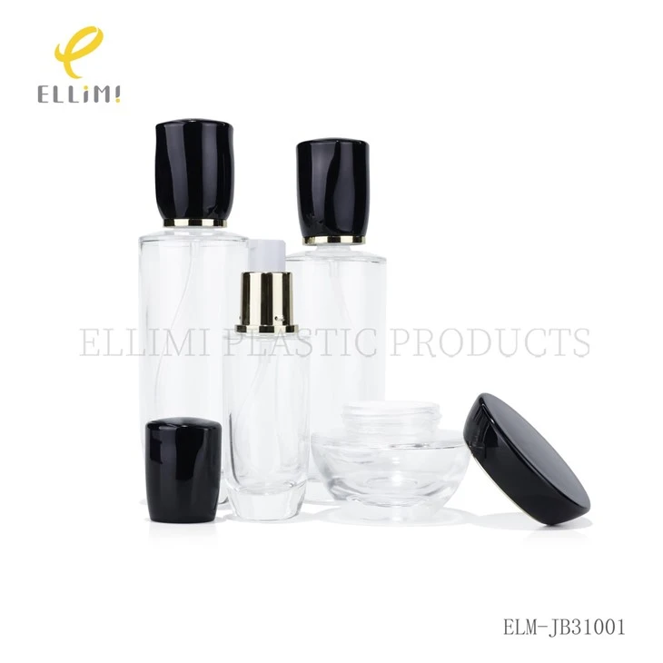 Luxury Clear Glass Cosmetic Bottles & Jars Set With Black Caps Skincare Packaging For Lotion, Serum, Cream factory