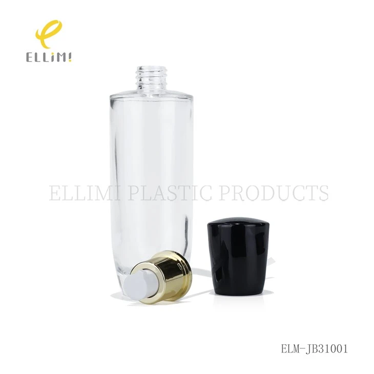 Luxury Clear Glass Cosmetic Bottles & Jars Set With Black Caps Skincare Packaging For Lotion, Serum, Cream high quality