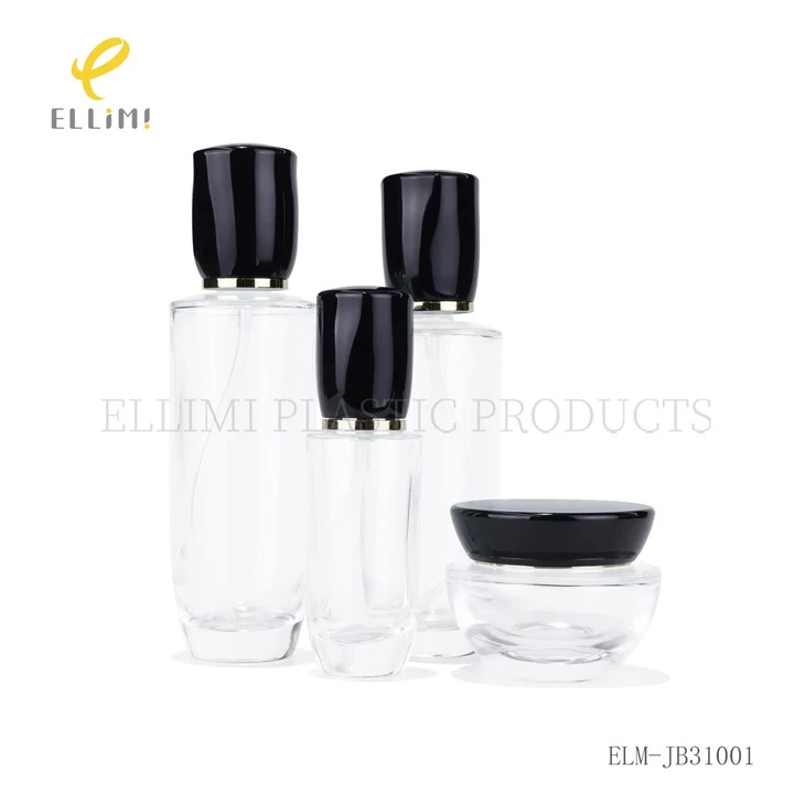 Luxury Clear Glass Cosmetic Bottles & Jars Set With Black Caps Skincare Packaging For Lotion, Serum, Cream suppliers