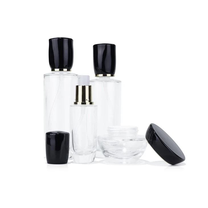 Luxury Clear Glass Cosmetic Bottles & Jars Set With Black Caps Skincare Packaging For Lotion, Serum, Cream best