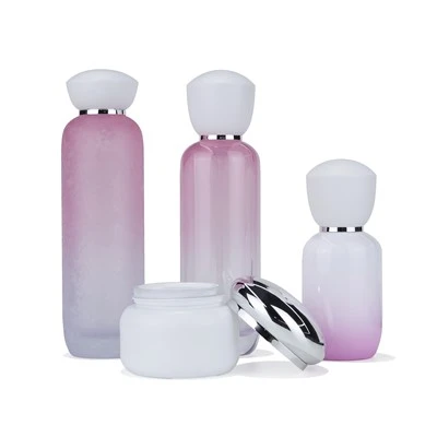 Gradient Purple-White Glass Skincare Set with Mushroom Cap & Pump Dispenser