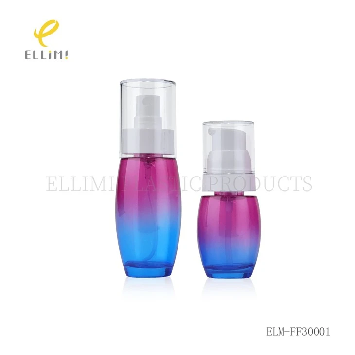 PETG Plastic Oval Bottles With Pink-Blue Gradient, Spray & Lotion Pump For Skincare factory