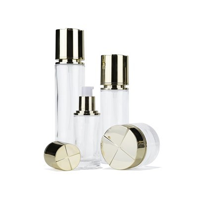 Clear Glass Skincare Set With Cross-hatched Gold Caps & Pump Dispenser