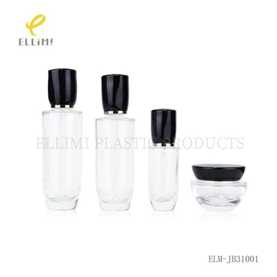 Luxury Clear Glass Cosmetic Bottles & Jars Set With Black Caps Skincare Packaging For Lotion, Serum, Cream