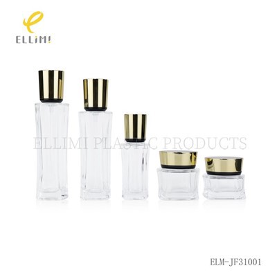 Luxury Vertical Striped Glass Skincare Set, Glass Lotion Pump Bottle + Face Cream Jar With Gold Electroplated Cap