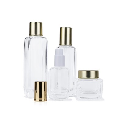 Sleek Square Bottle & Jar Set With Gold Finish For Toner, Serum & Cream
