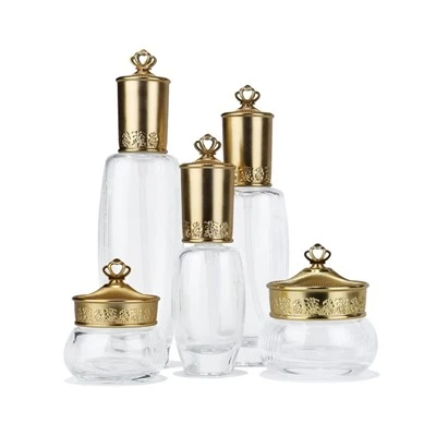Vintage Glass Skincare Set With Gold Crown Cap & Embossed Pattern